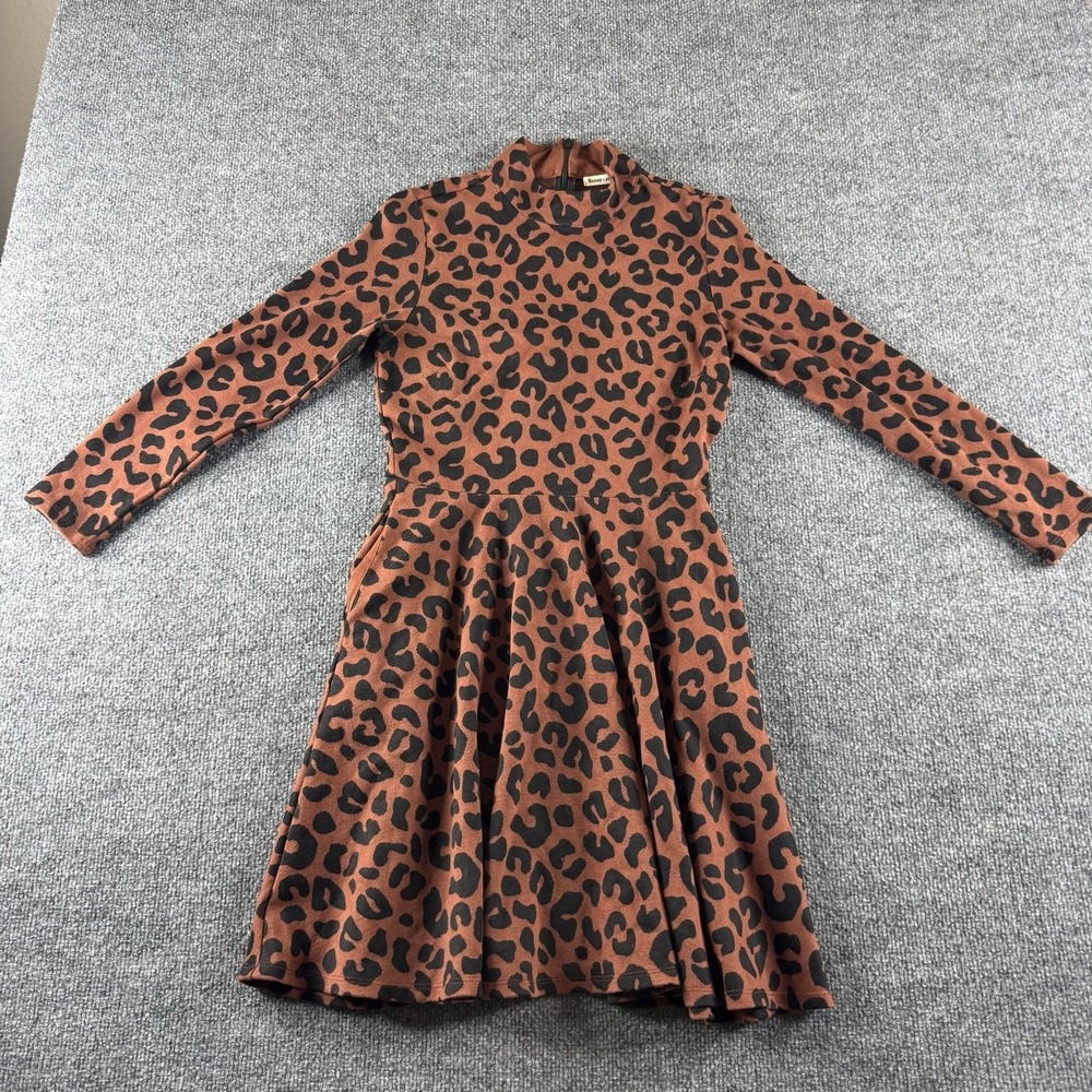 Marine Layer Dress Womens S Brown Leopard Print Long Sleeve Mock Neck Fit Flare